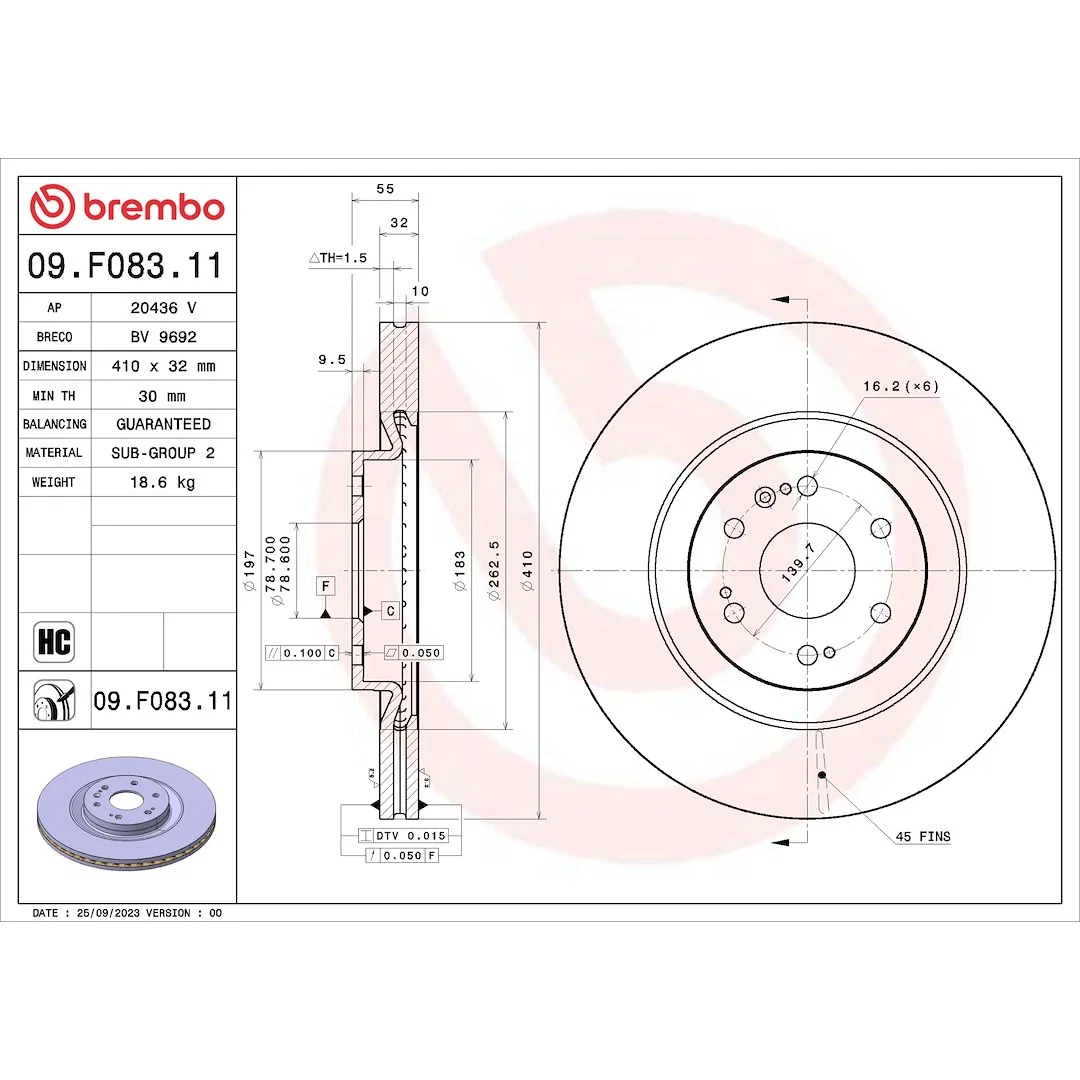 09.F083.11 – BREMBO Brake Rotor, Vented One Piece Design Wheel Bolt Pattern 6 x 139.7 Millimeter 410 Millimeter Diame...